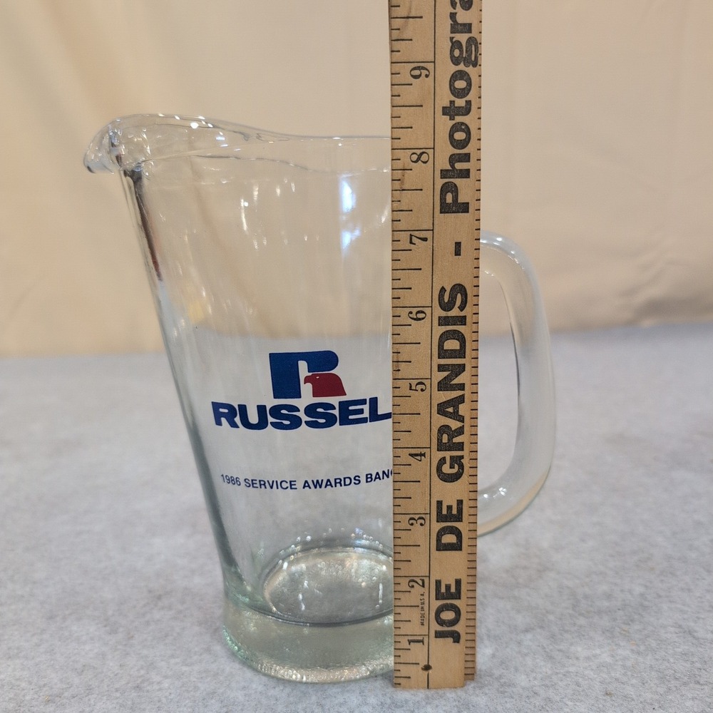 Vintage 1986 Russell Athletic Service Awards Banquet Glass Pitcher Clear Logo - Picture 3 of 4